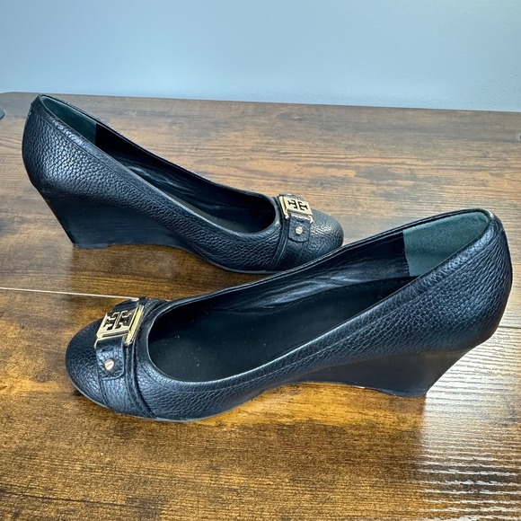 Tory Burch Natalya Pebbled Leather Wedge Heels Black Size‎ 7.5 - Picture 6 of 10